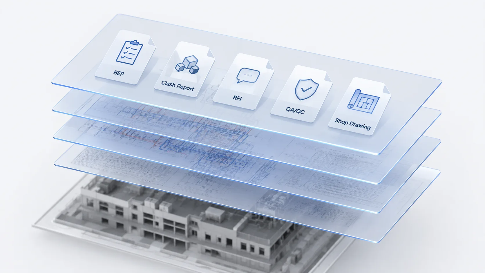 Layers of BIM project information above a building model: BEP, clash report, RFI, QA QC and shop drawings