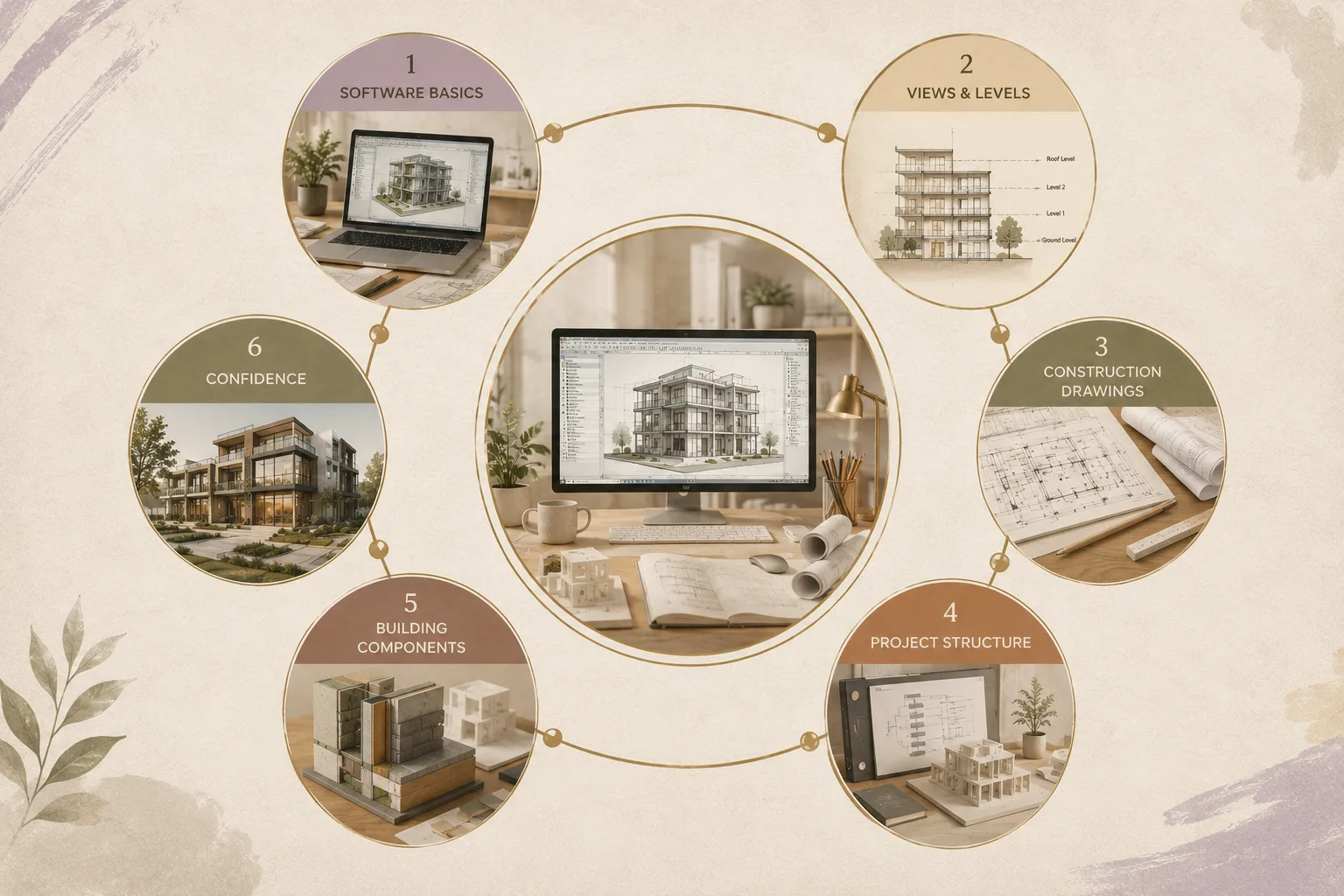 First week BIM learning steps: software basics, views and levels, construction drawings, project structure, building components and confidence