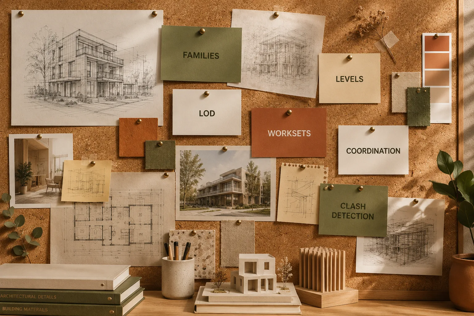 New BIM terminology pinned on a studio board: families, levels, LOD, worksets, coordination and clash detection