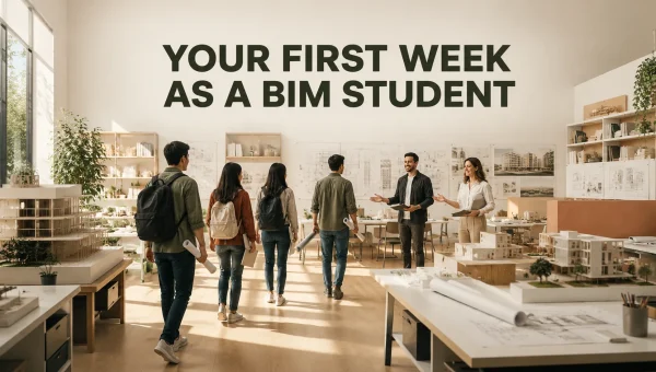 New BIM students entering a training studio with instructors and architectural models