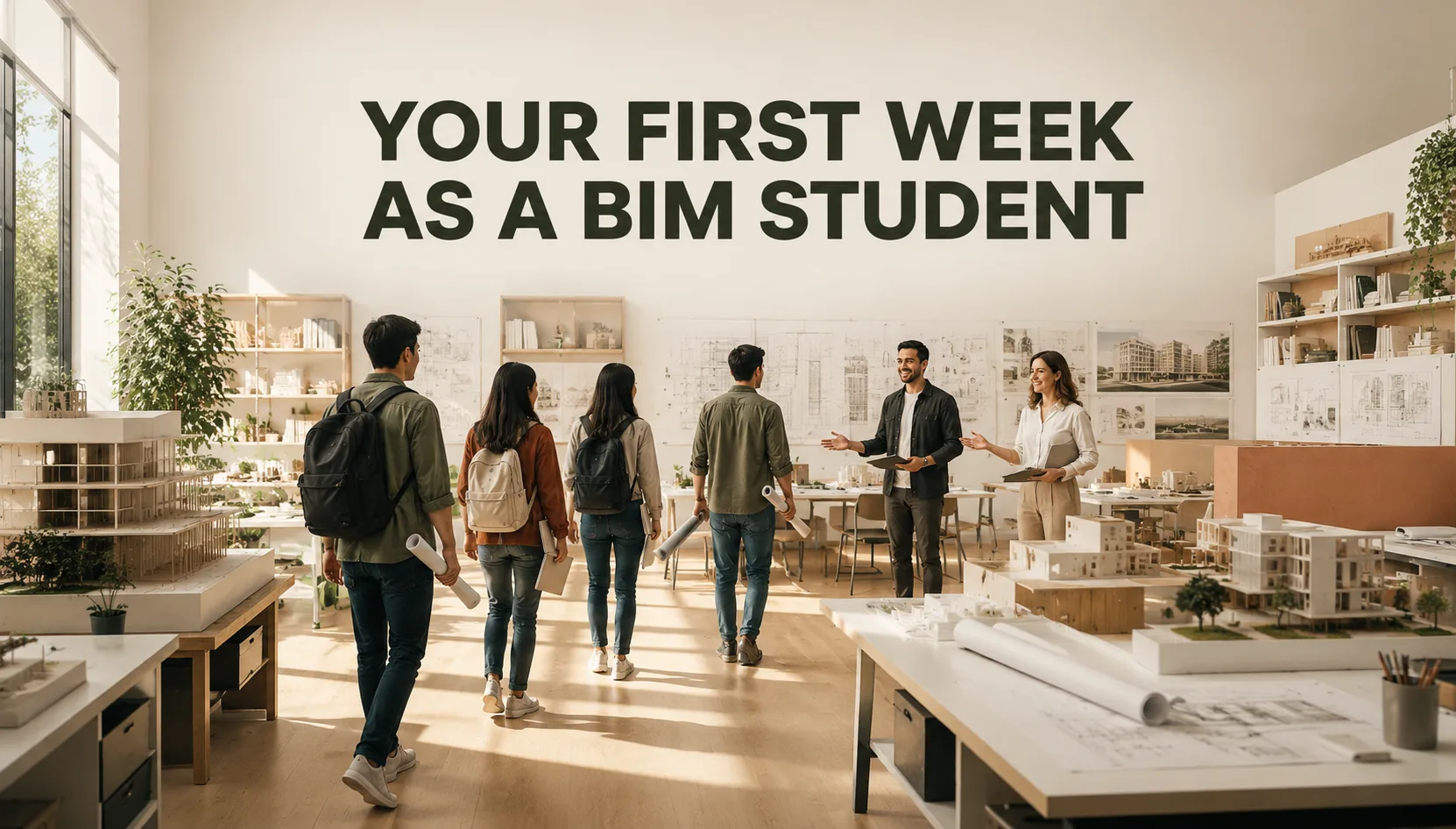 New BIM students entering a training studio with instructors and architectural models