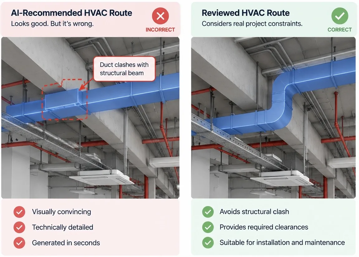 A BIM model displayed as a detailed 3D building model alongside a contract document, with construction plans and digital BIM information panels illustrating responsibility and contractual coordination