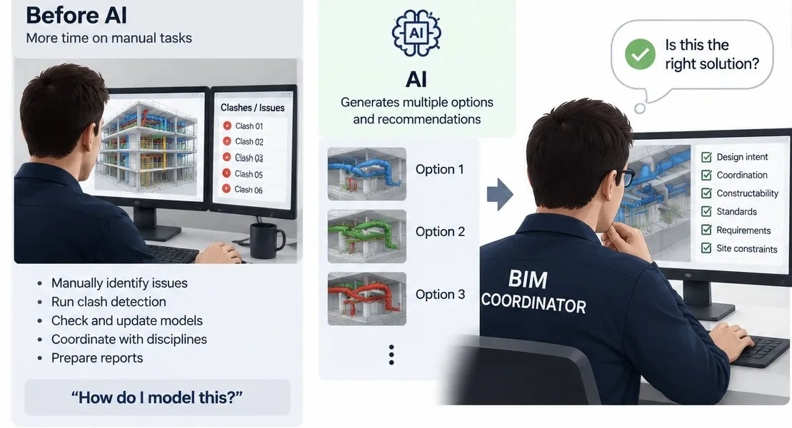 Infographic showing how the BIM coordinator’s role evolves with AI, from manual modelling and clash detection to reviewing, validating, prioritising, and approving AI-generated design and coordination