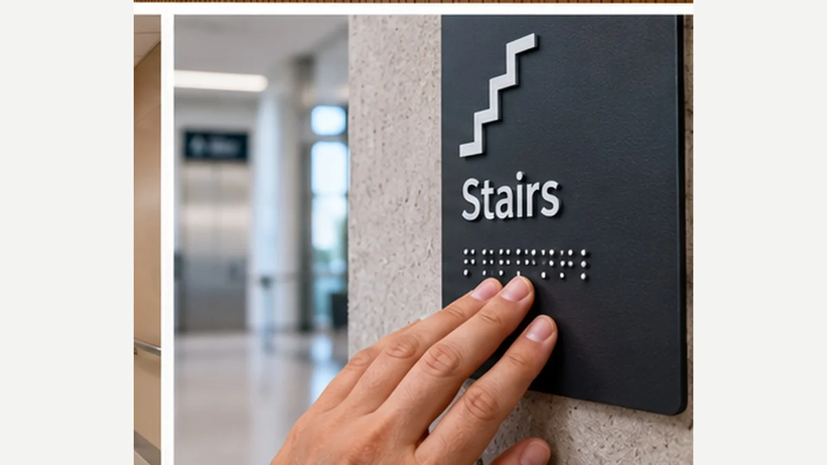 Hand reading a tactile stairs sign with Braille