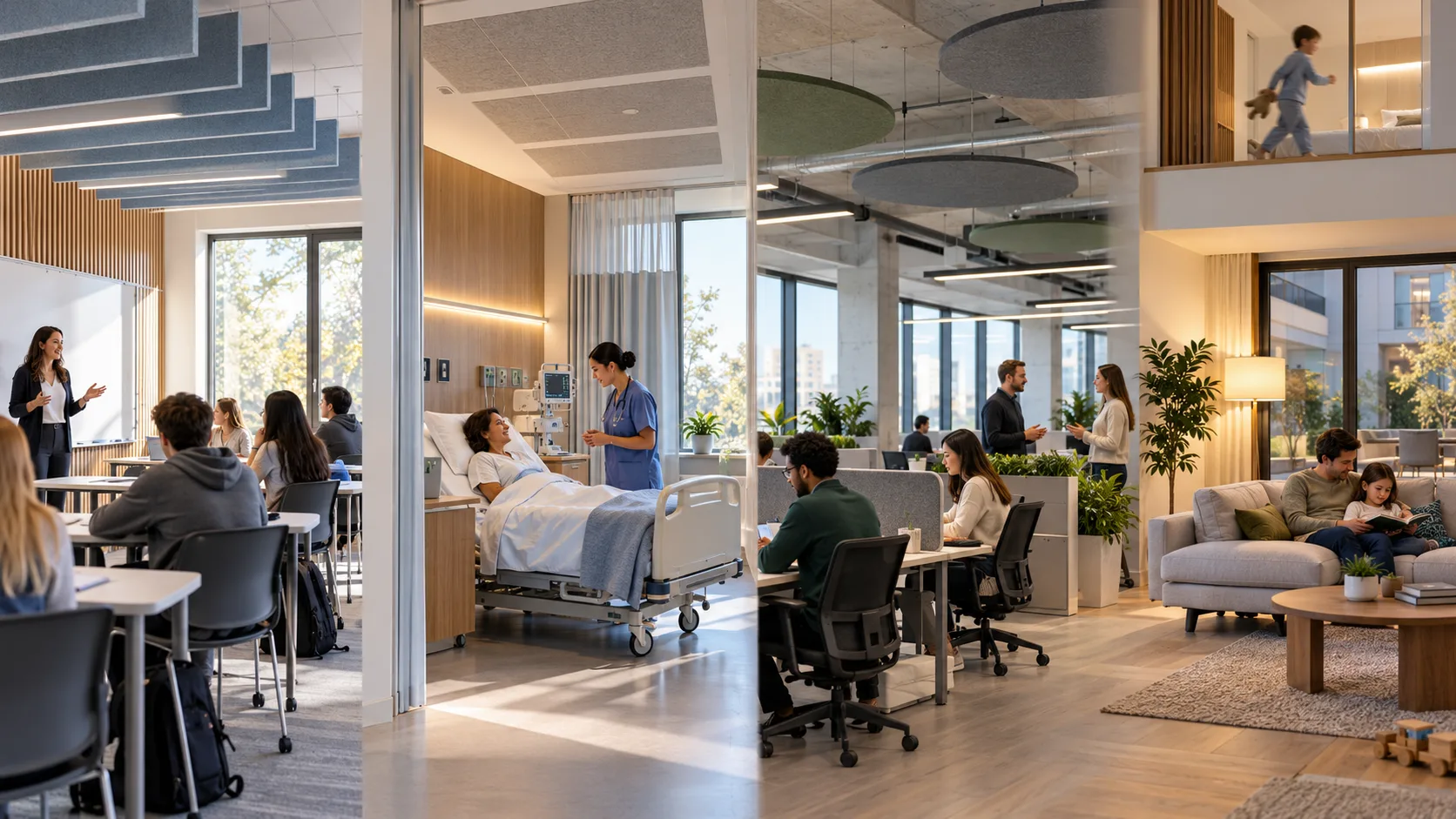 Acoustic design needs in a classroom, hospital ward, open-plan office and home