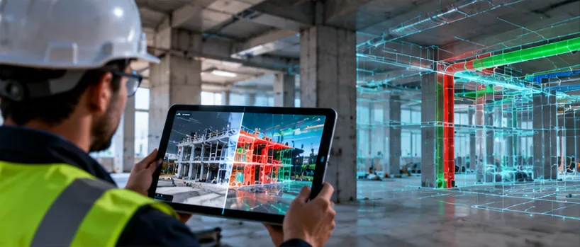 Site engineer comparing the BIM model with actual site progress on a tablet