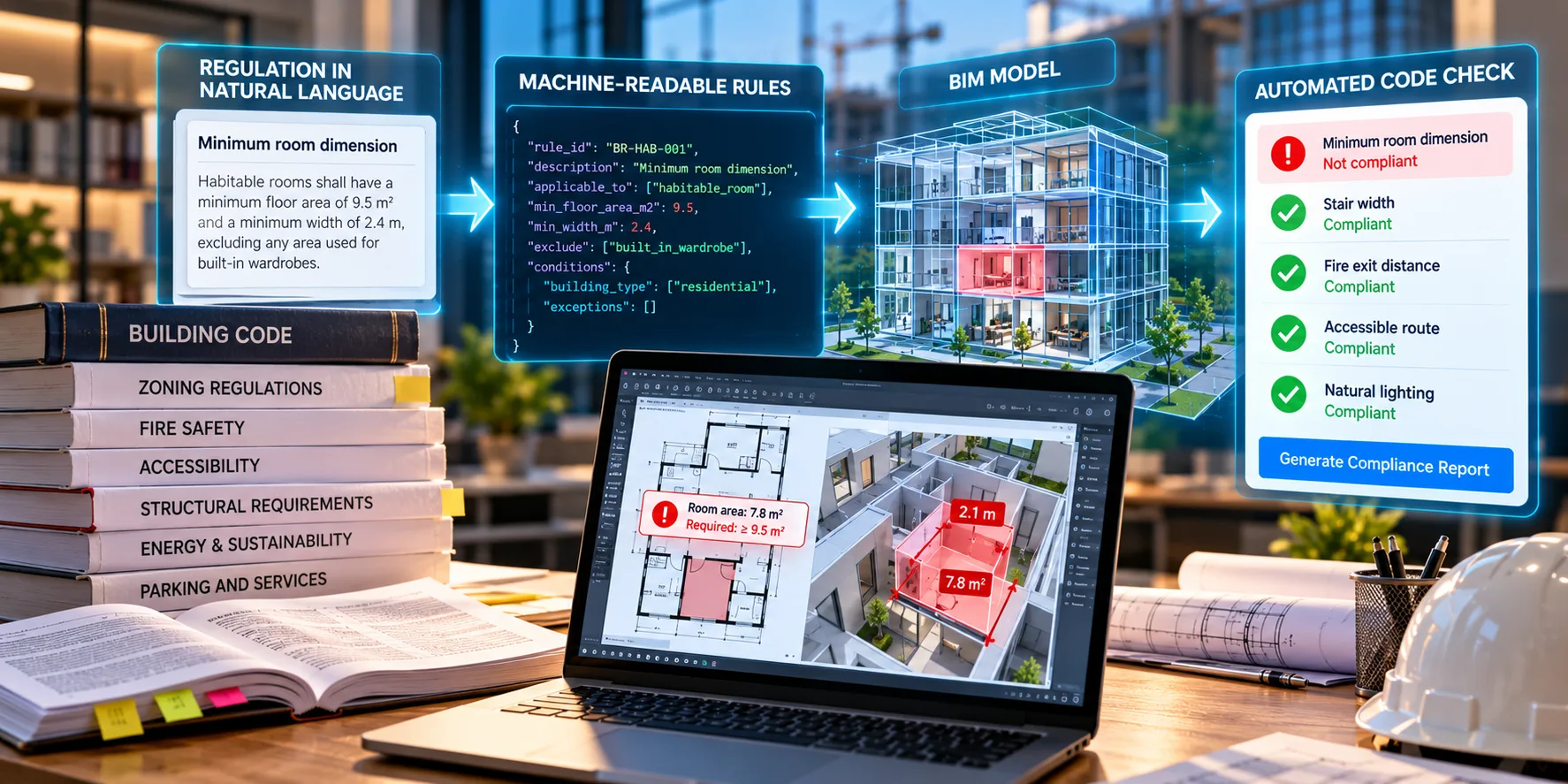 Building regulations in natural language translated into machine-readable rules and checked against a BIM model