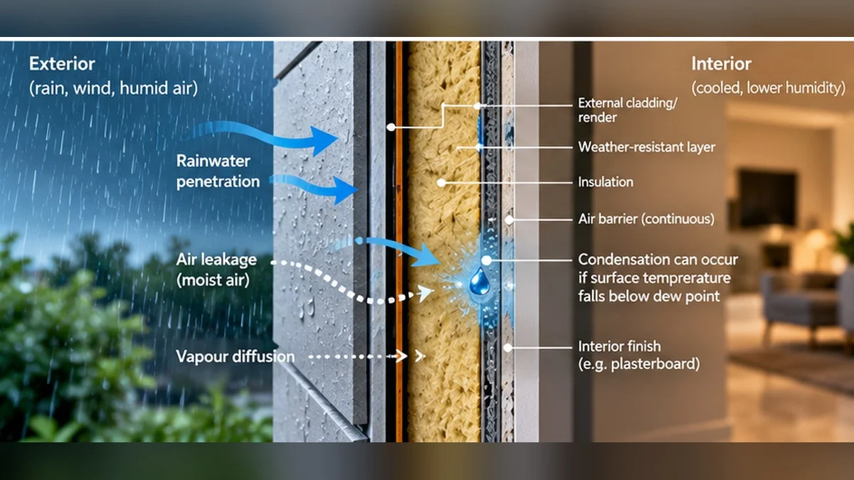 Wall section showing rainwater penetration, air leakage and vapour diffusion through a building envelope