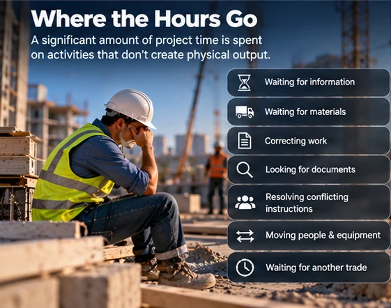Where construction hours go: waiting for information and materials, correcting work, looking for documents and waiting for other trades