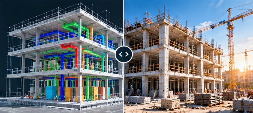 Coordinated BIM model compared side by side with the construction site