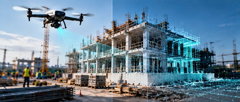 Drone reality capture of a construction site turning into a point cloud for BIM comparison