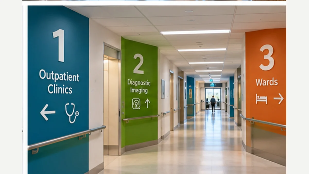 Hospital corridor with large colour-coded department signs for clinics, imaging and wards