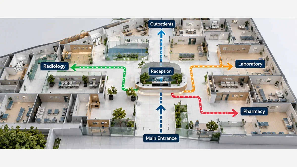 Hospital floor plan showing colour-coded wayfinding routes from the main entrance to each department