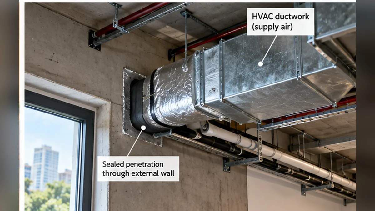 HVAC supply ductwork passing through a sealed penetration in an external wall