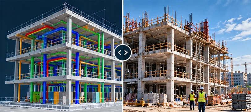 Planned BIM model side by side with the actual construction site