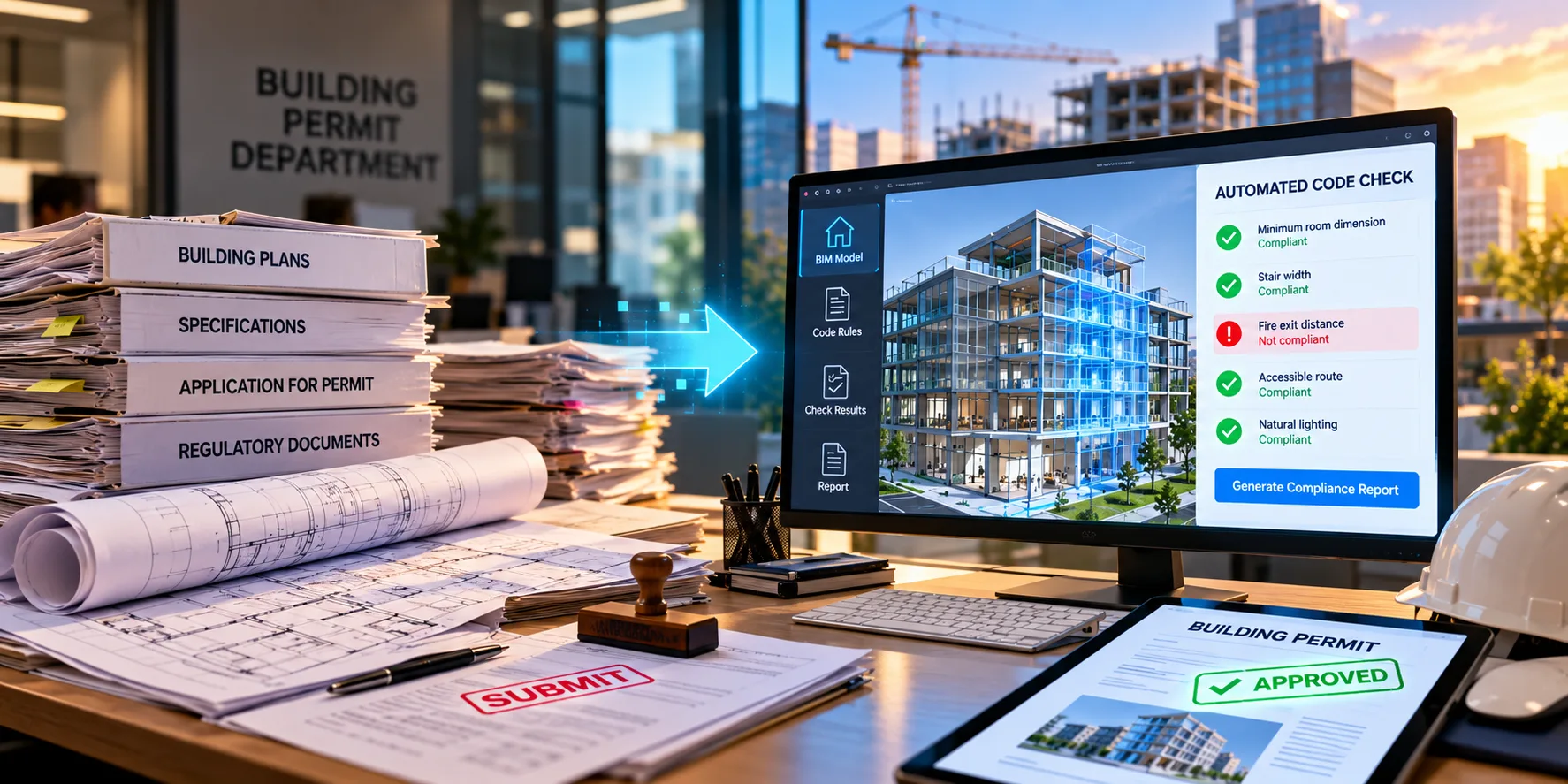 Stacks of building permit paperwork next to a digital BIM model with an automated code check