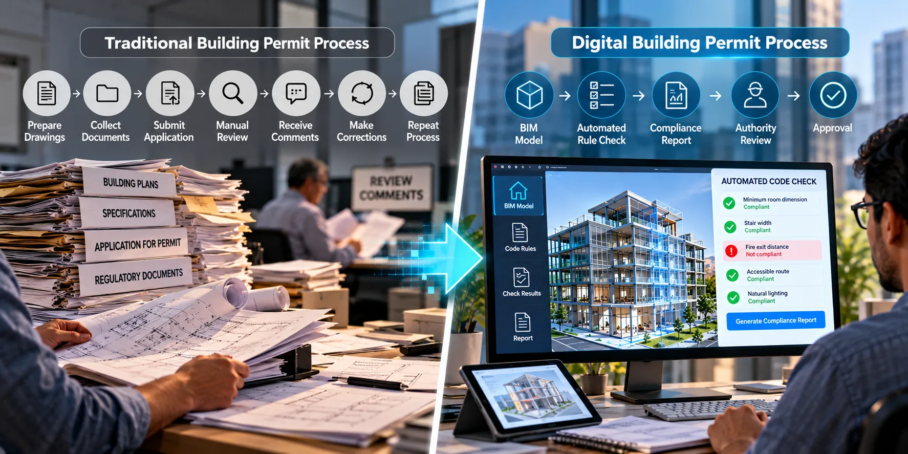 Traditional building permit process compared with a digital BIM-based permit process