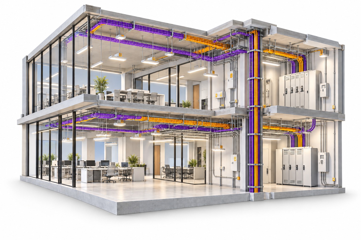 Illustrative building cutaway showing electrical services, lighting and cable containment