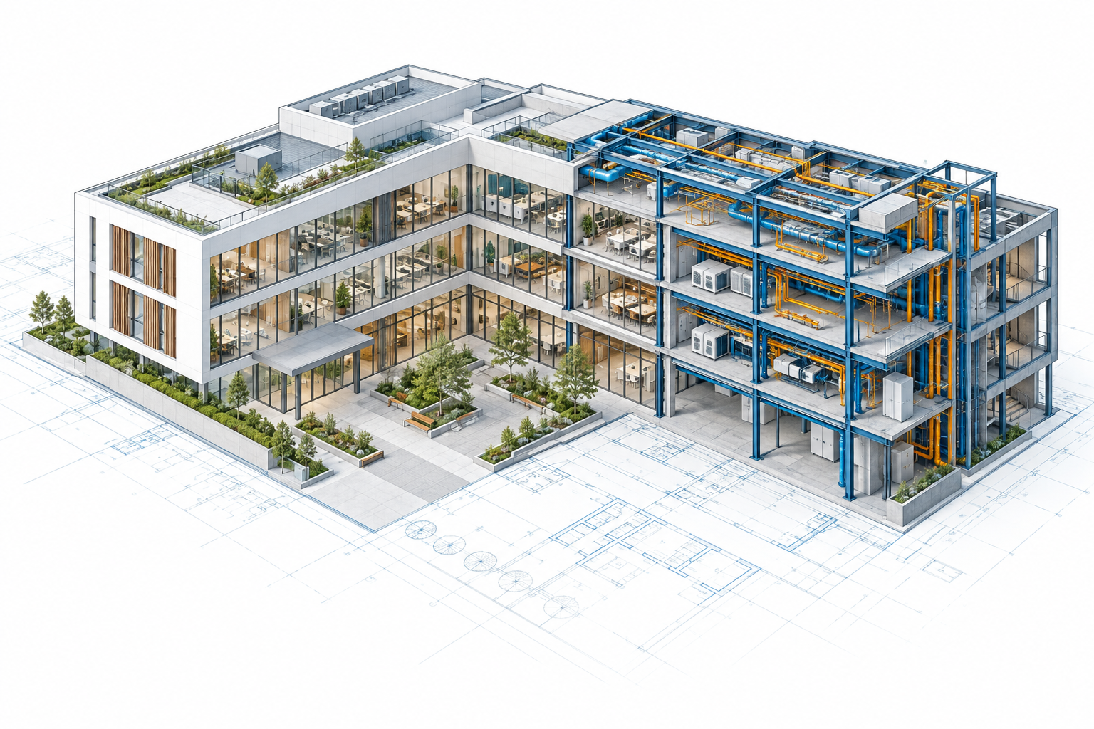 Illustrative architectural and structural BIM concept with visible building services, from the FastTrack brochure