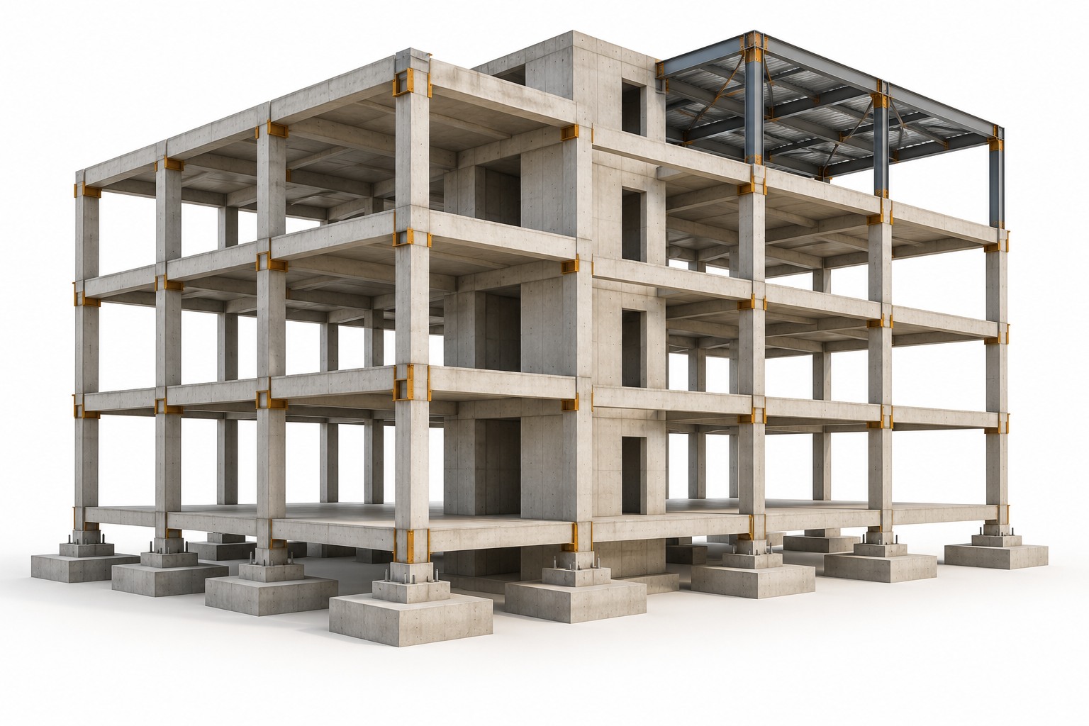 Illustrative structural frame with foundations and roof
