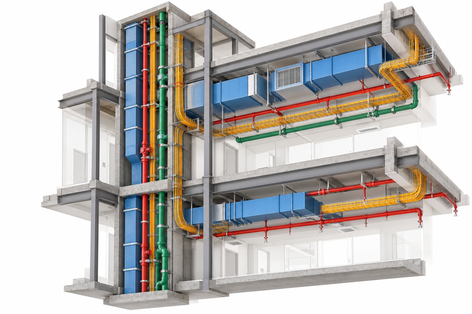 Cutaway BIM model illustrating coordinated mechanical, electrical, plumbing and fire protection services